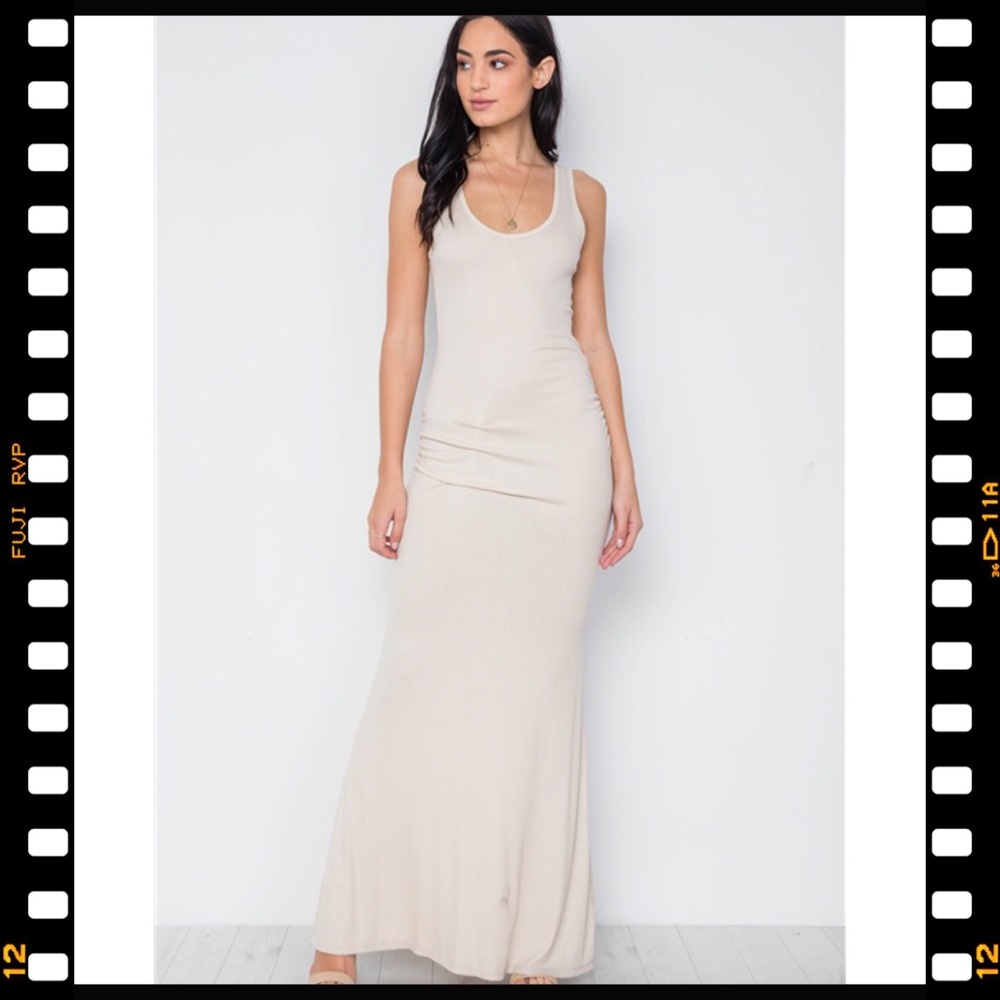 TAUPE RUCHED SIDE JERSEY TANK KNIT MAXI LONG DRESS